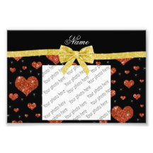 Custom name orange glitter hearts gold bow photographic print