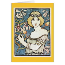 Dam med blomma~-art nouveau "salongdes-cent ", hälsnings kort