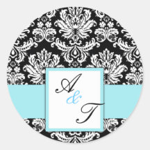 Damast för monogramen för Tiffany blåttbröllop för Klistermärke