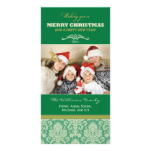 Damastast mönsterfamiljhelgdag Photocard (grönt) Foto Kort