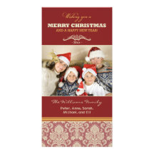 Damastast mönsterfamiljhelgdag (röda) Photocard, Anpassingsbara Fotokort