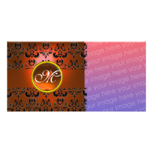 DAMASTAST topaz för MONOGRAMsvartorange Anpassade Foto Kort