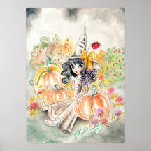 Den gulliga stort öga Halloween häxan i pumpa lapp Affisch