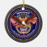 Den patriotiska amerikanen beskådar noterar behar julgransdekorationer