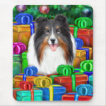 Den Sheltie julen öppnar Tri färg för gåvor Musmattor