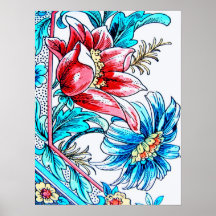 Design, blått och rött för blommor grafisk, vitbak posters