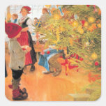 Det är jul tajmar igen - pojken tittar träd fyrkantigt klistermärke