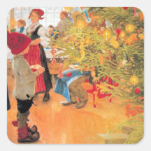 Det är jul tajmar igen - pojken tittar träd fyrkantigt klistermärke