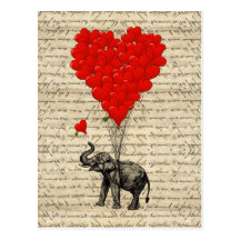 Elefant och hjärtformade ballonger vykort