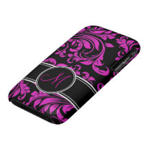 Elegant lila- och svartdamast med monogramen iPhone 3 cover
