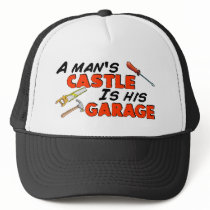 En man SLOTT är hans GARAGE Trucker Keps