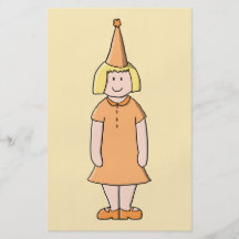 Flicka i orange klänning- och födelsedagsfesthatt flyg blad