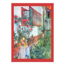 Flicka i trädgården med röda blommor unika inbjudningar