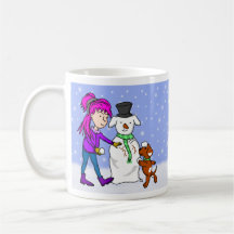 Flicka och hund i snömugg