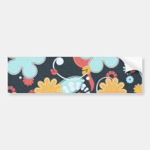 floral58 RETRO FLORAL BLACK BACKGROUND LIGHT BLUE Bumper Stickers
