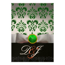 För DAMAST- & SHAMROCKMONOGRAM för VIT GRÖN orange Anpassade Inbjudningskort