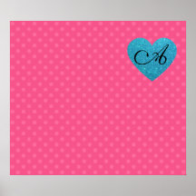 För polka dotsturkos för Monogram rosa hjärta Affisch