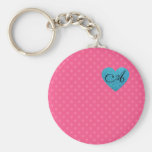 För polka dotsturkos för Monogram rosa hjärta Nyckel Ring