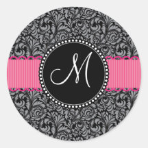 För svartgrått för Monogram initial blommönster fö Runda Klistermärken