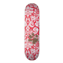 Funny Muddy Pawprint on Red Damask Pattern Skateboard Decks
