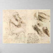 Gamal man och vatten skissar vid Leonardo Da Vinci Affisch