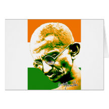Gandhi i orangegrönt och vit med flagga kort