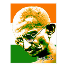 Gandhi i orangegrönt och vit med flagga vykort