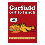 Garfield ut som äter lunch, noterar kortet