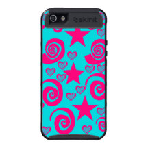 Girly Teal Blue Hot Pink Stars Hearts Swirls iPhone 5 Cases