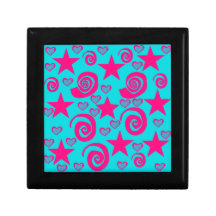Girly Teal Blue Hot Pink Stars Hearts Swirls Gift Box
