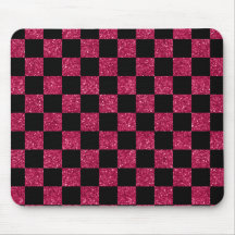 Glitter hot pink and black checkered pattern mouse pads