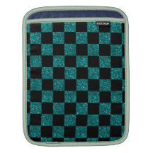 Glitter turquoise and black checkered pattern iPad sleeves