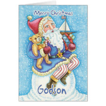 Godsonjulkort med gulliga Santa och leksaker
