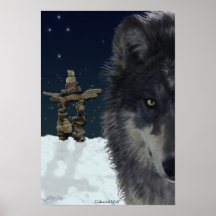 Grå färgvarg, arktiska Inukshuk & stjärnakonstaffi Print