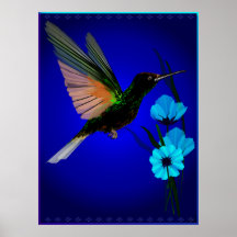 Grön Hummingbird-Blått blommaaffisch