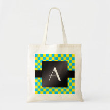Gul Monogram och blåttcheckers Tote Bag