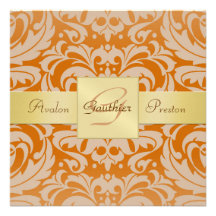 Guld- bandinbjudan för orange damastast Monogram