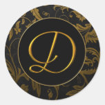 Guld för Monogram D och damastast bröllop för svar Rund Klistermärke