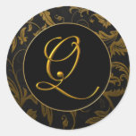 Guld för Monogram Q och damastast bröllop för svar Rund Klistermärke