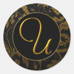 Guld för Monogram U och damastast bröllop för svar Klistermärke
