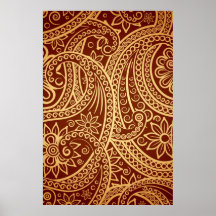 Guld- och rött paisley mönster posters