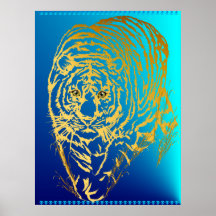 Guld- tiger i grästrycket posters