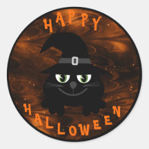 Gullig Halloween svart tecknadkatt med häxahatten Klistermärke