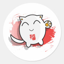 gullig japansk lycklig kattdesignvit/rött rund klistermärke