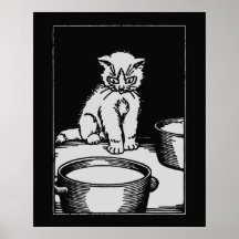 Gullig kattunge med mjölkbunken som är svartvit print
