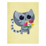 Gullig kattunge och blommor vykort