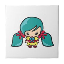 Gullig Kawaii flickaunge med blåtthårPigtails Kakelplatta Av Kerami