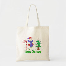 Gullig snögubbe med candy cane och träd tote bags