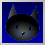 Gullig svart katt på djup midnatt blue. print