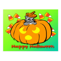 Gullig vykort för kattungeHalloween pumpa